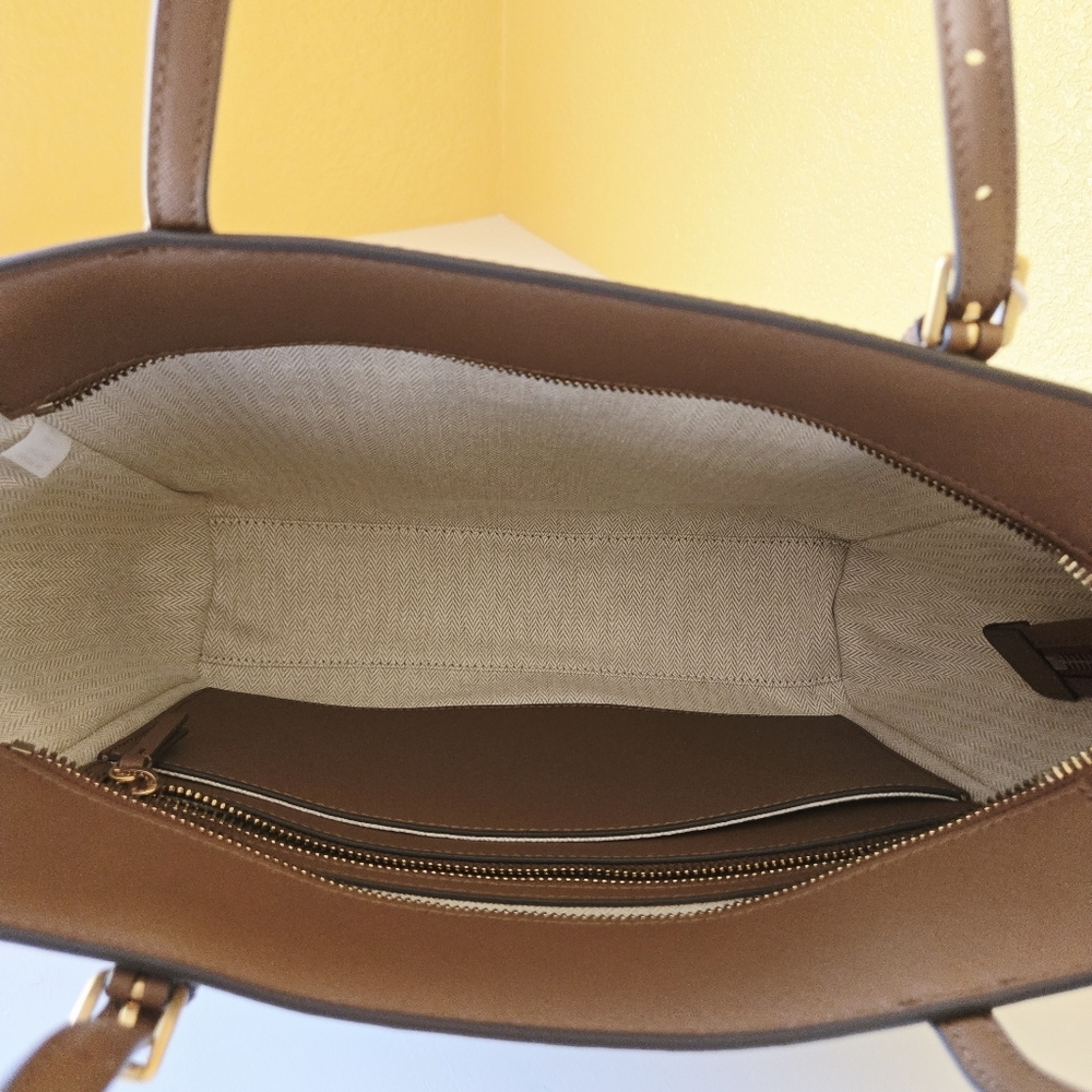 Tory Burch Emerson Top Zip Tote Moose Brown Saffiano Leather Crossbody Bag - Picture 12 of 16